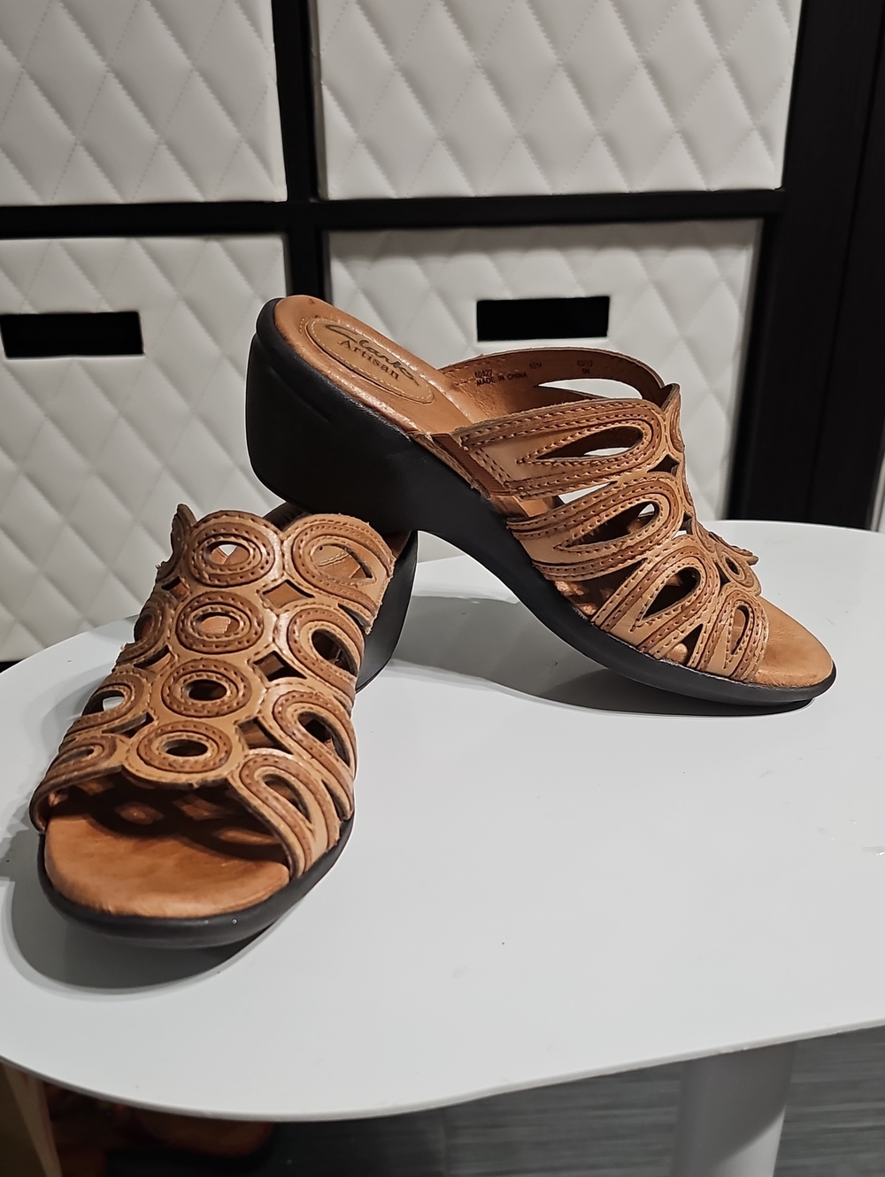 Clarks Tan Leather Cutout Slide Mules